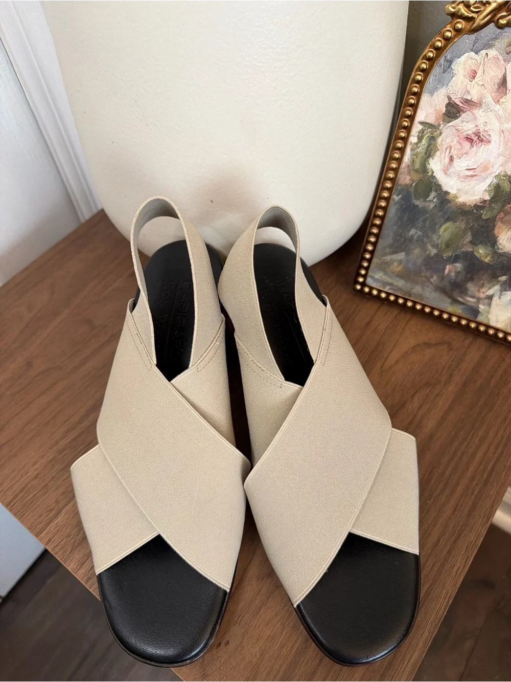 Ron White Rapisardi Beige Stretch Slingback Block Heel Sandals EU 37 Italy